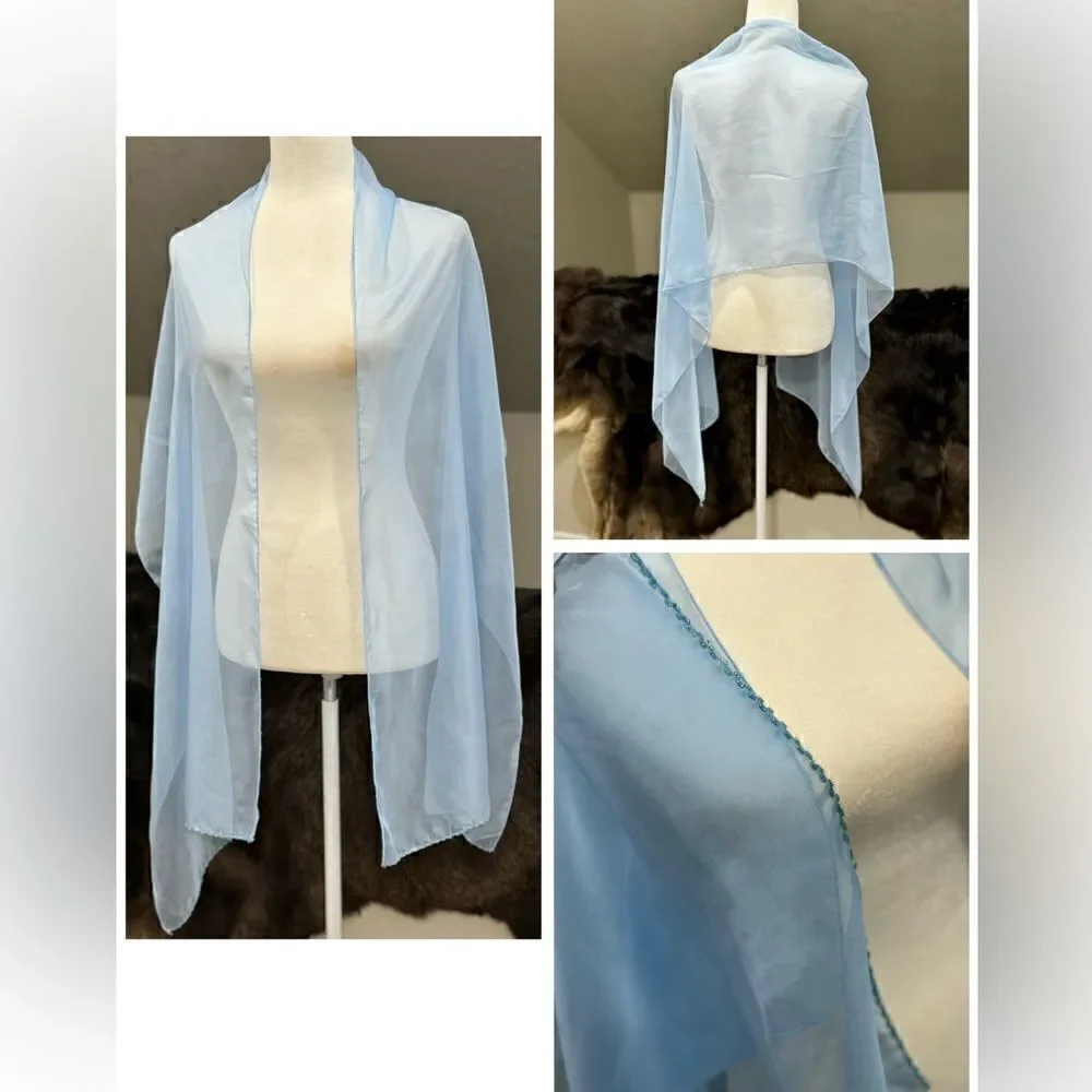 New Gorgeous Light Blue Beaded Chiffon Gown With Shawl - Picture 16 of 16